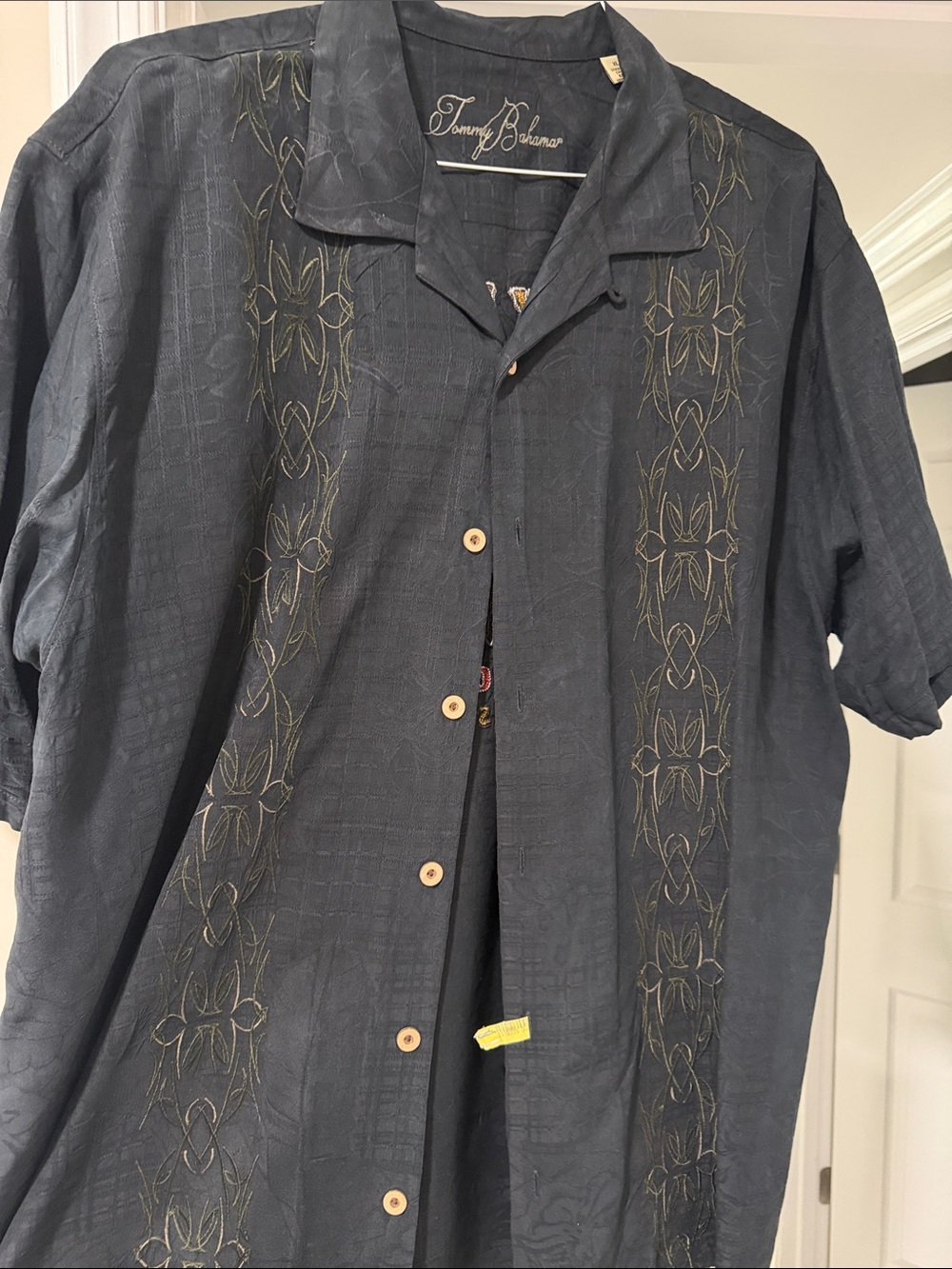 Tommy Bahama Dark Navy Short-Sleeve Button-Down with Subtle Embroidered Panels